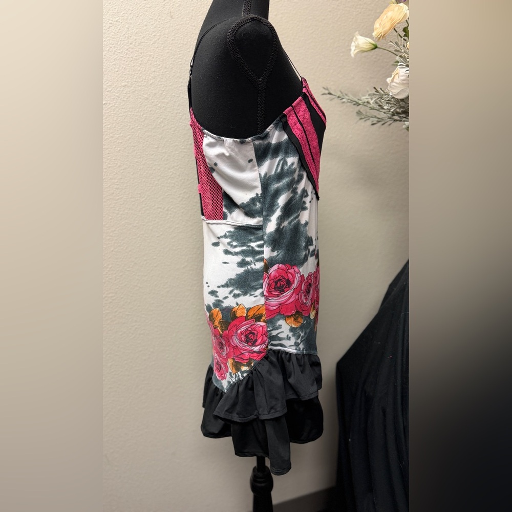 Bacci Unique Summer Pink Floral & Black Whimsical Ruffle Hem Dress Size L - Picture 4 of 12